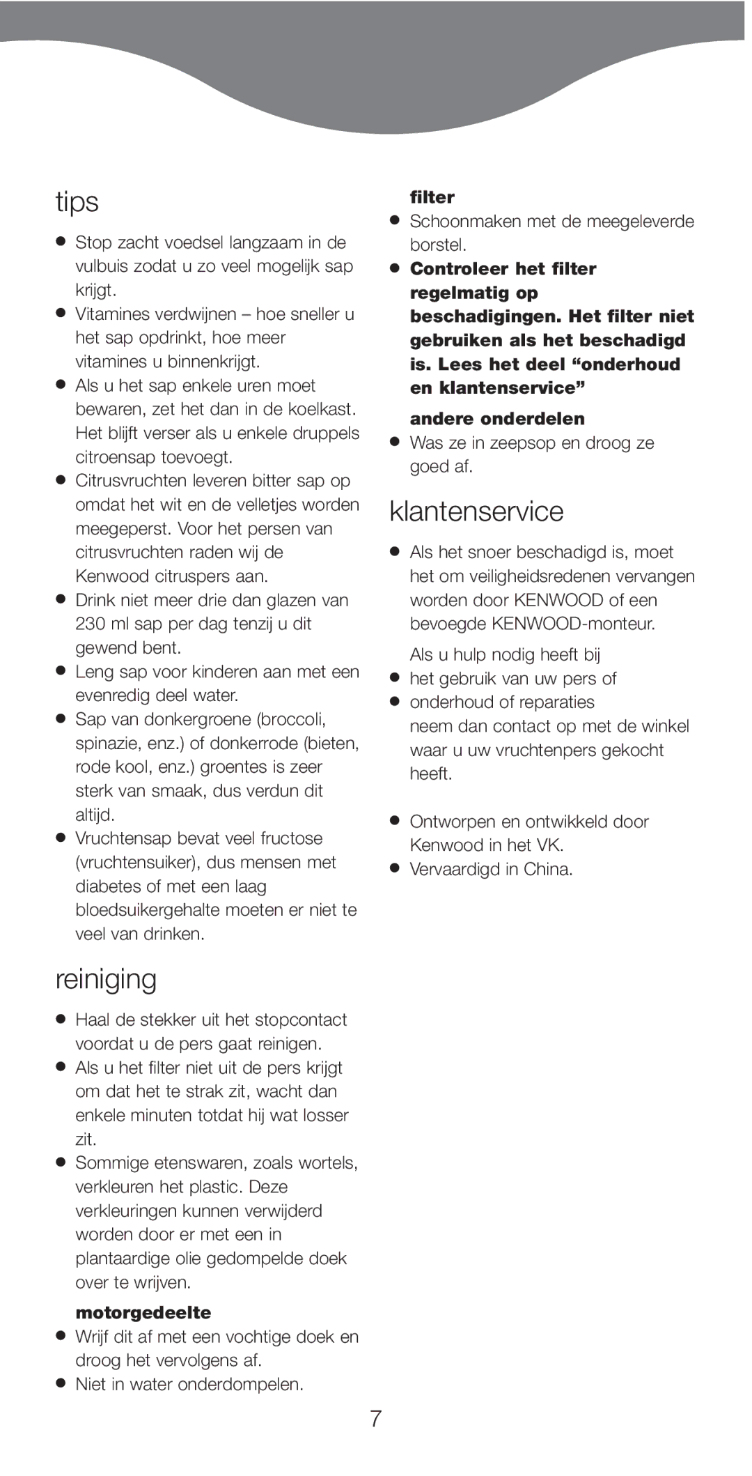 Kenwood JE750 series manual Tips, Reiniging, Klantenservice, Motorgedeelte, Filter 