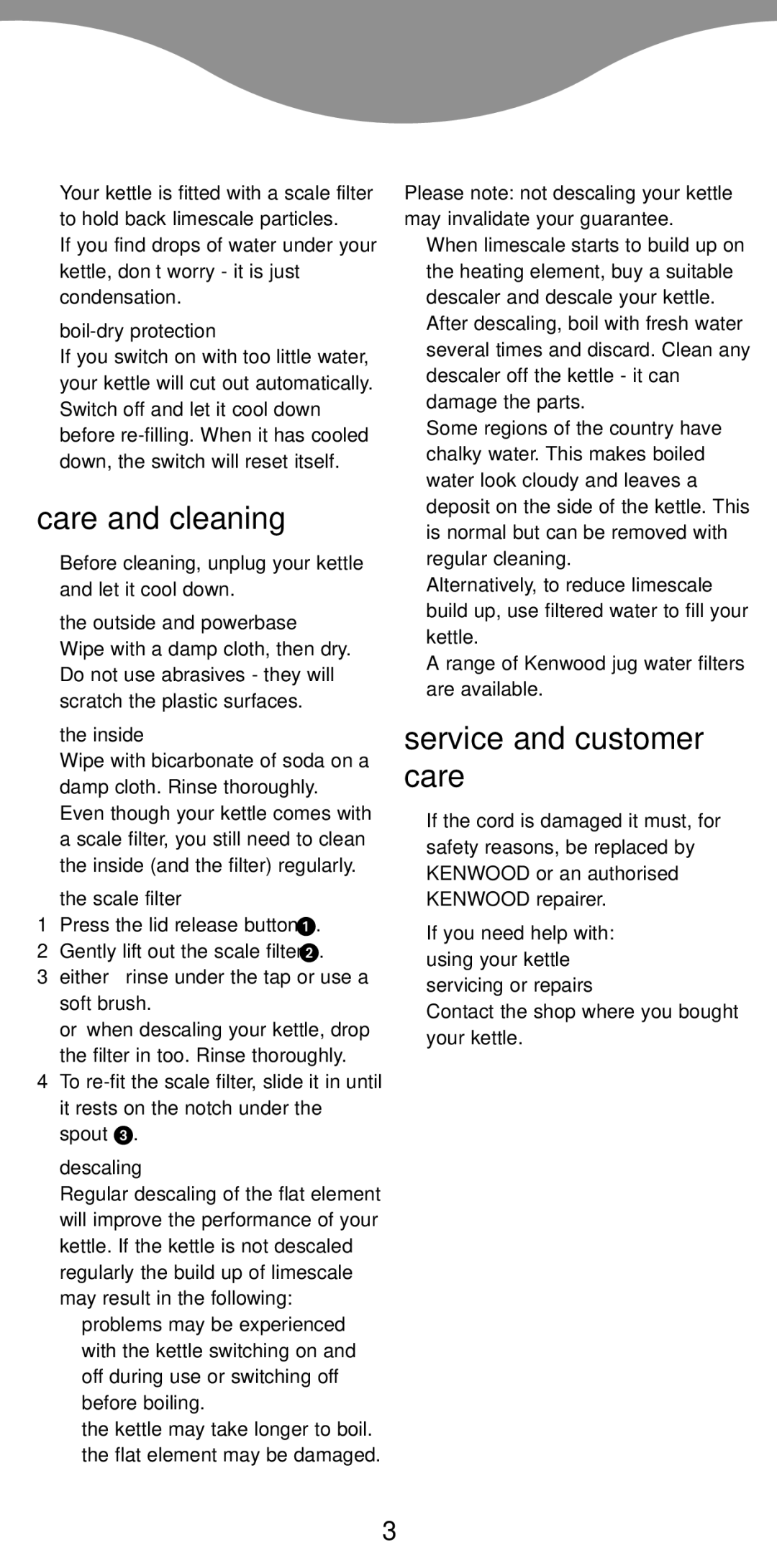 Kenwood JK840, JK940 manual Care and cleaning, Service and customer care 