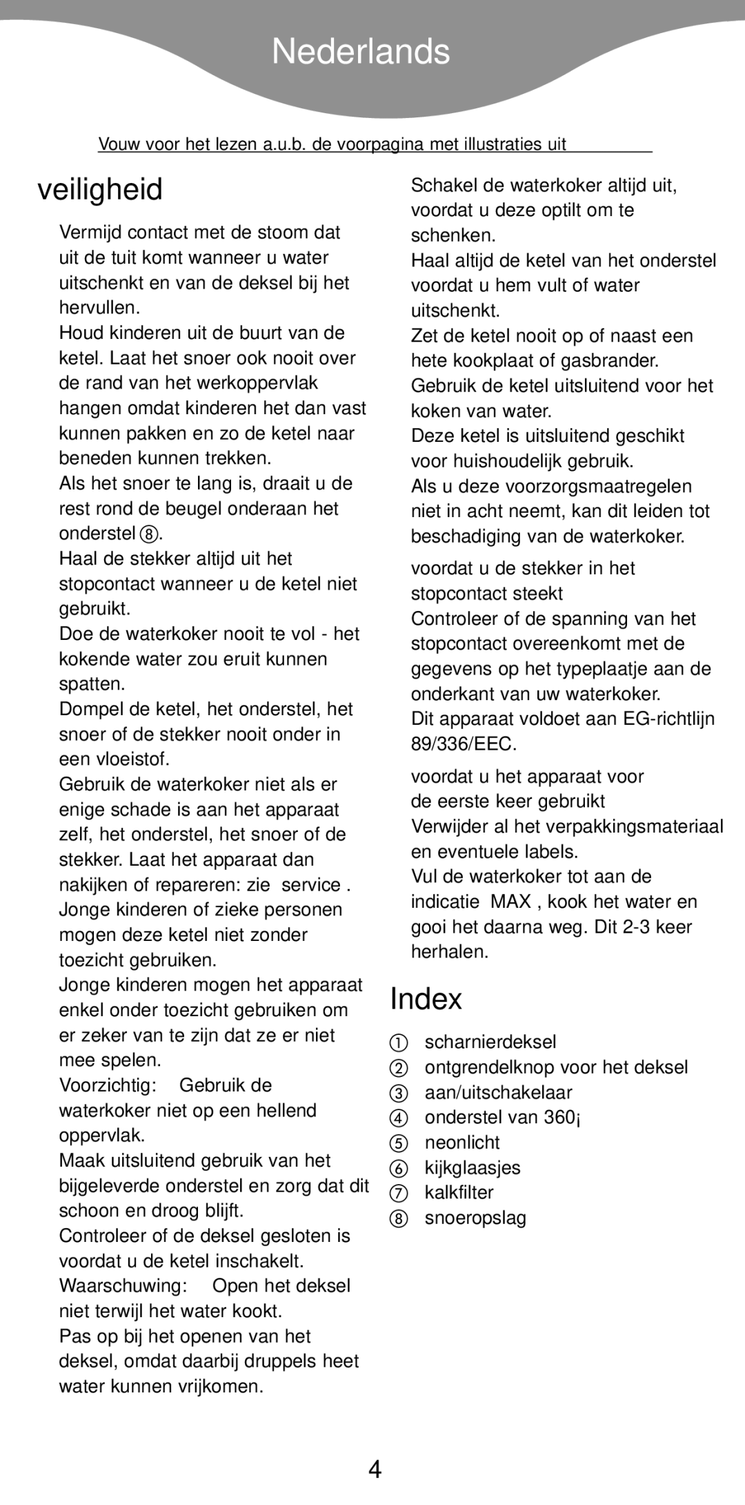 Kenwood JK940, JK840 manual Nederlands, Veiligheid, Index, Voordat u de stekker in het stopcontact steekt 