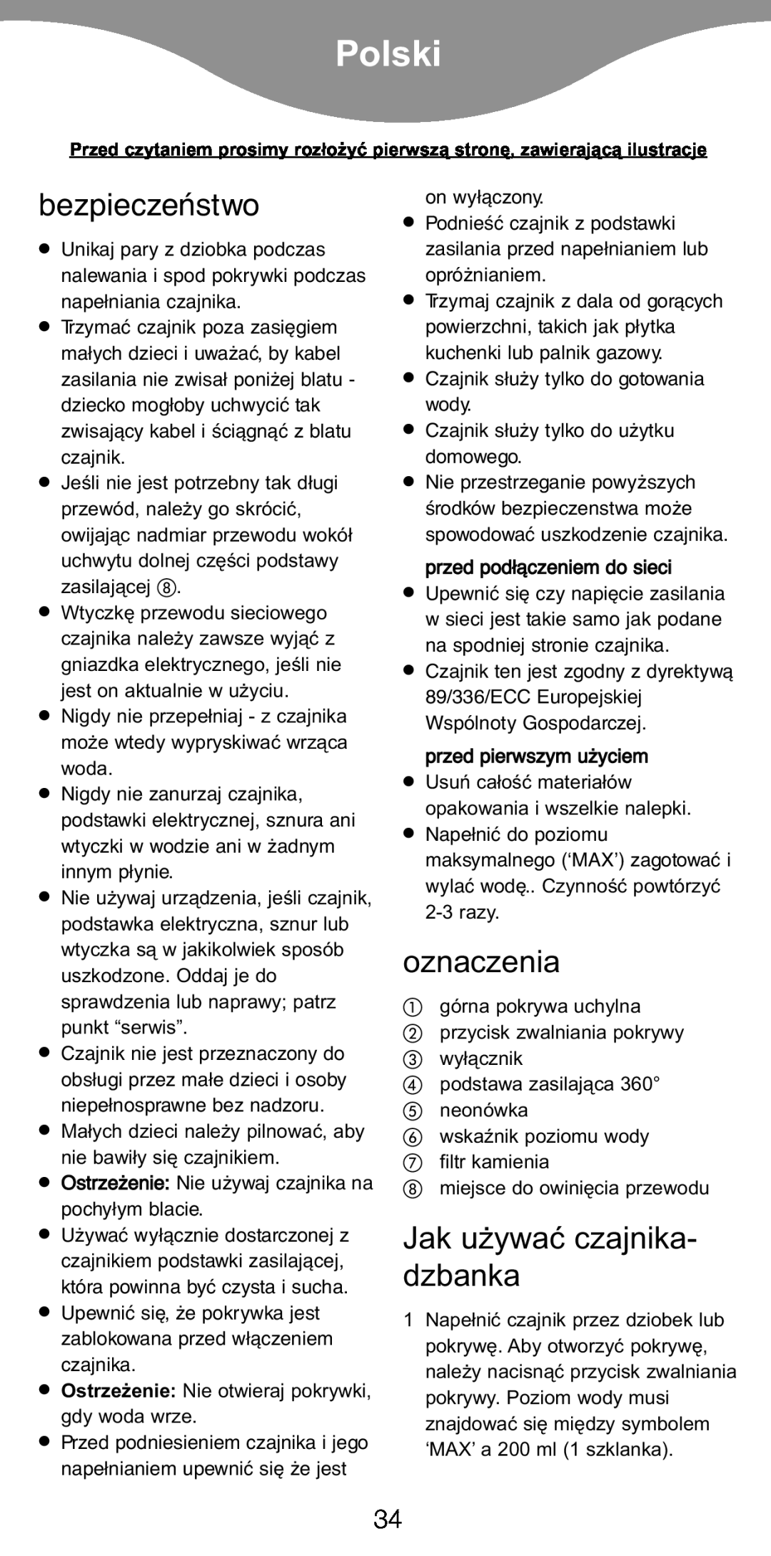 Kenwood JK940, JK840 manual Polski, bezpieczeństwo, oznaczenia, Jak u¯ywaç czajnika- dzbanka 