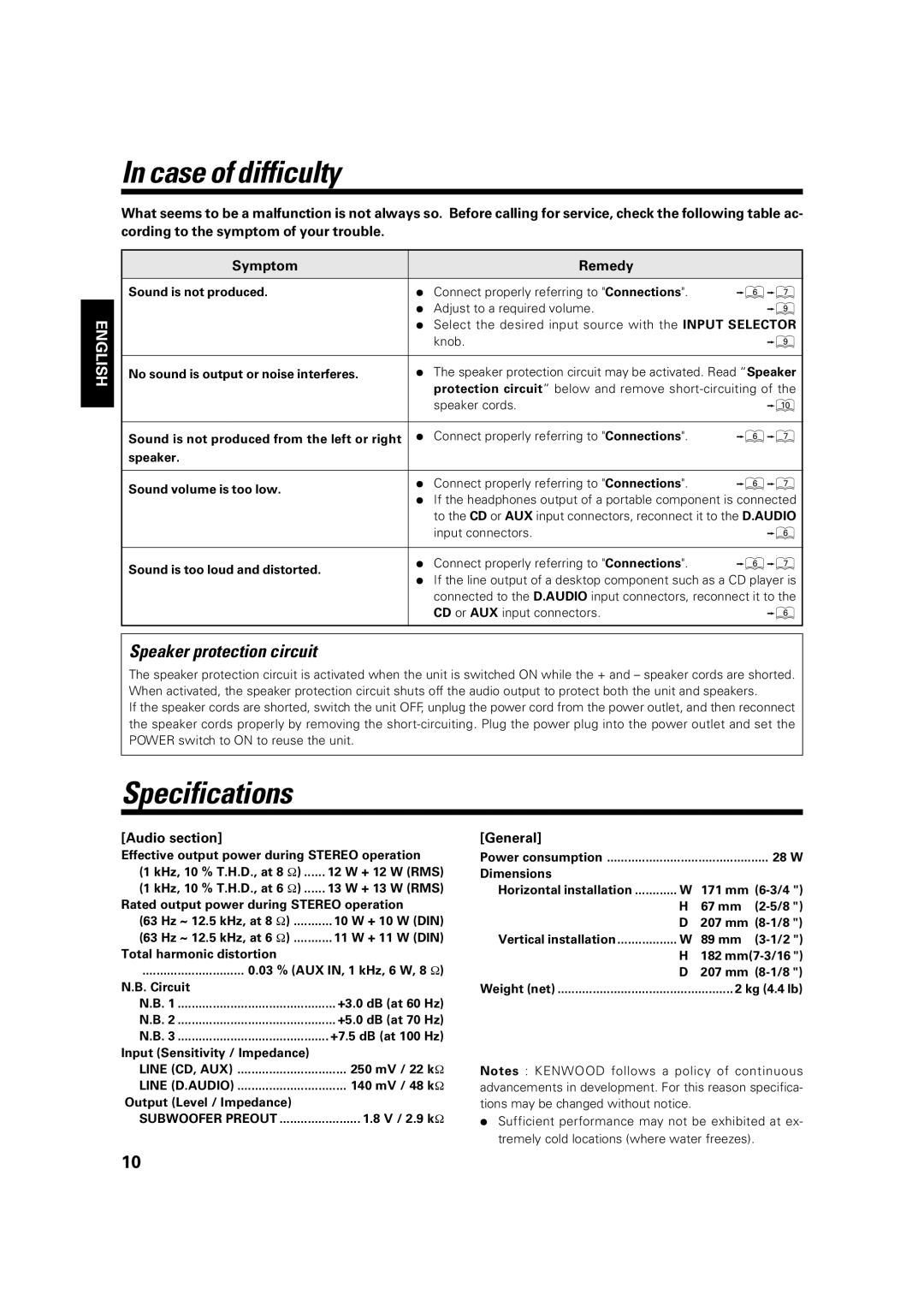 Kenwood KA-S10 instruction manual Case of difficulty, Specifications, Speaker protection circuit, Audio section, General 