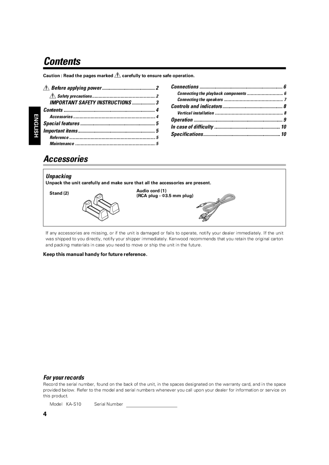 Kenwood KA-S10 instruction manual Contents 