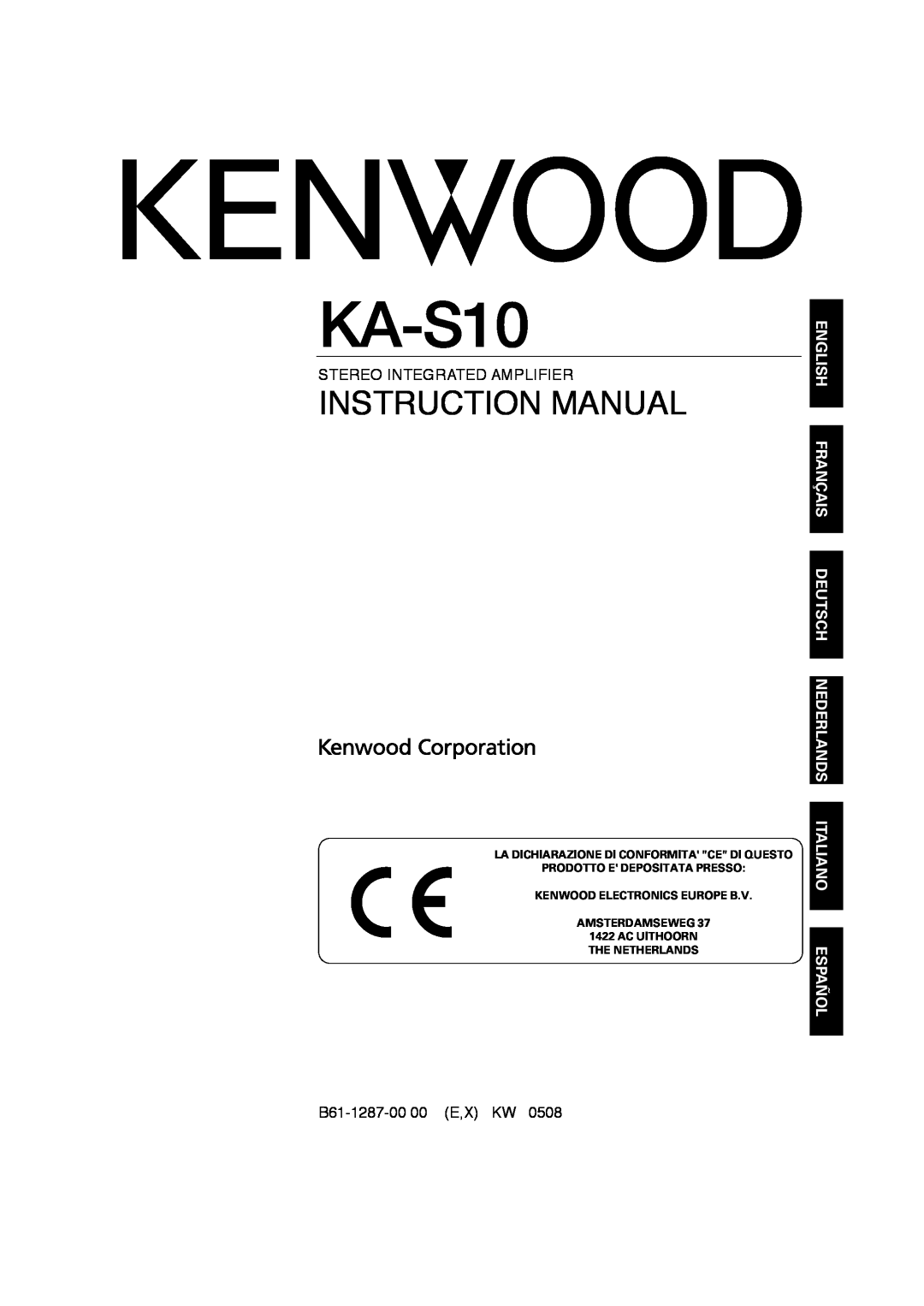 Kenwood KA-S10 instruction manual Stereo Integrated Amplifier, B61-1287-0000 E,X KW 