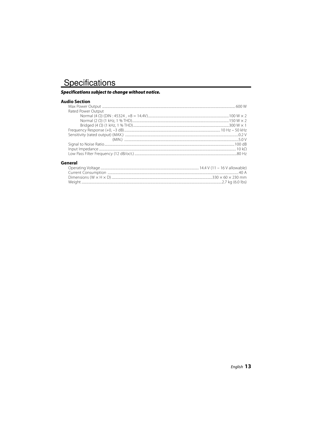 Kenwood KAC-6203 instruction manual Specifications subject to change without notice, Audio Section, General 