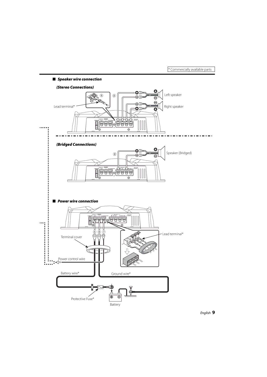 Kenwood KAC-6203 Bridged Connections, Power wire connection, Lead terminal, Terminal cover Power control wire Battery wire 