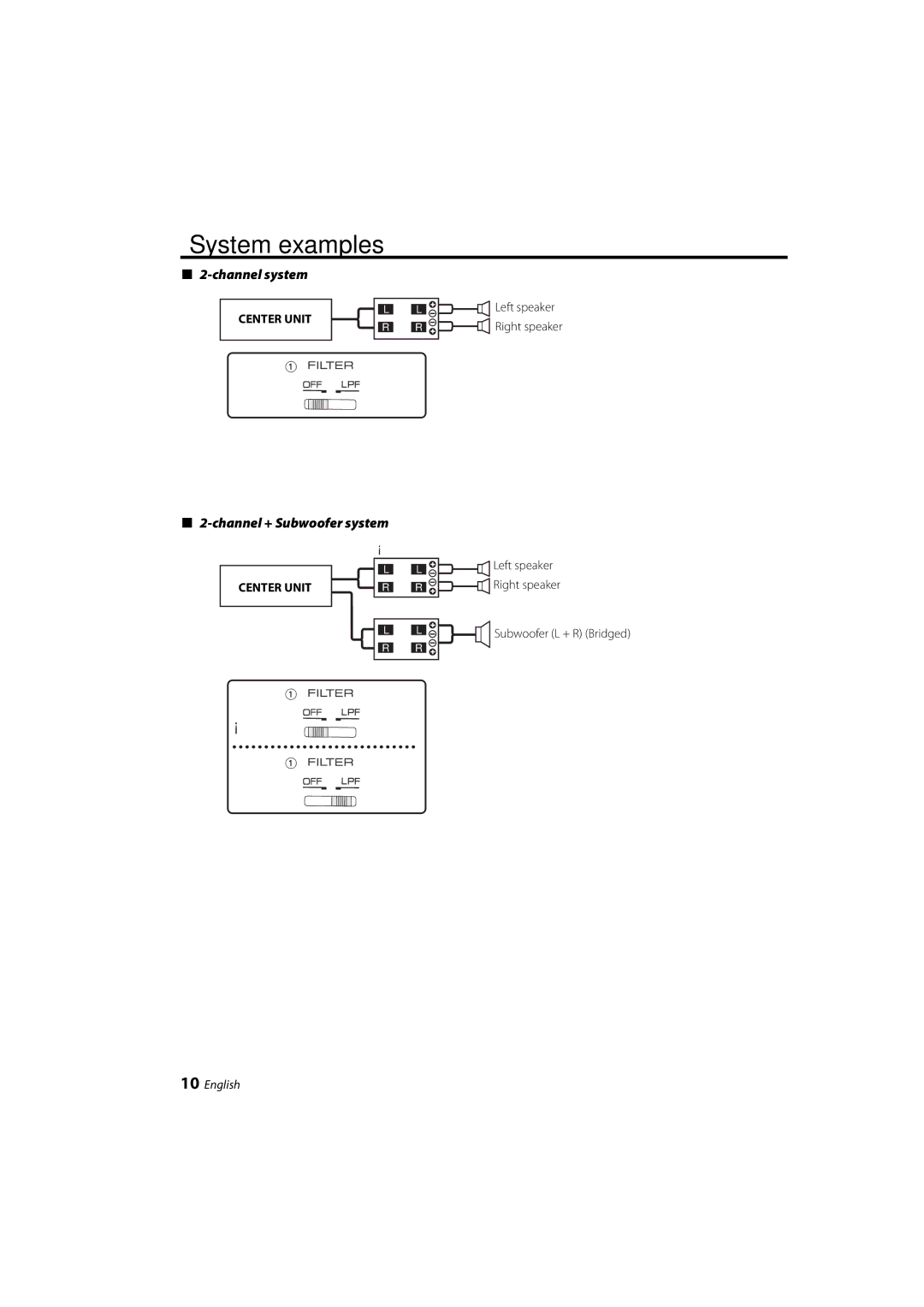 Kenwood KAC-6203 instruction manual System examples, Channel system, Channel + Subwoofer system, Left speaker Right speaker 