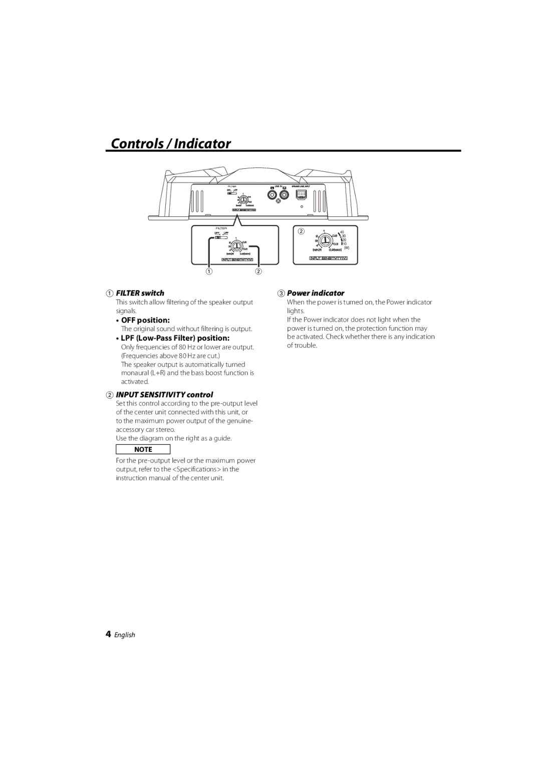 Kenwood KAC-6203 instruction manual Controls / Indicator, Filter switch, Input Sensitivity control, Power indicator 