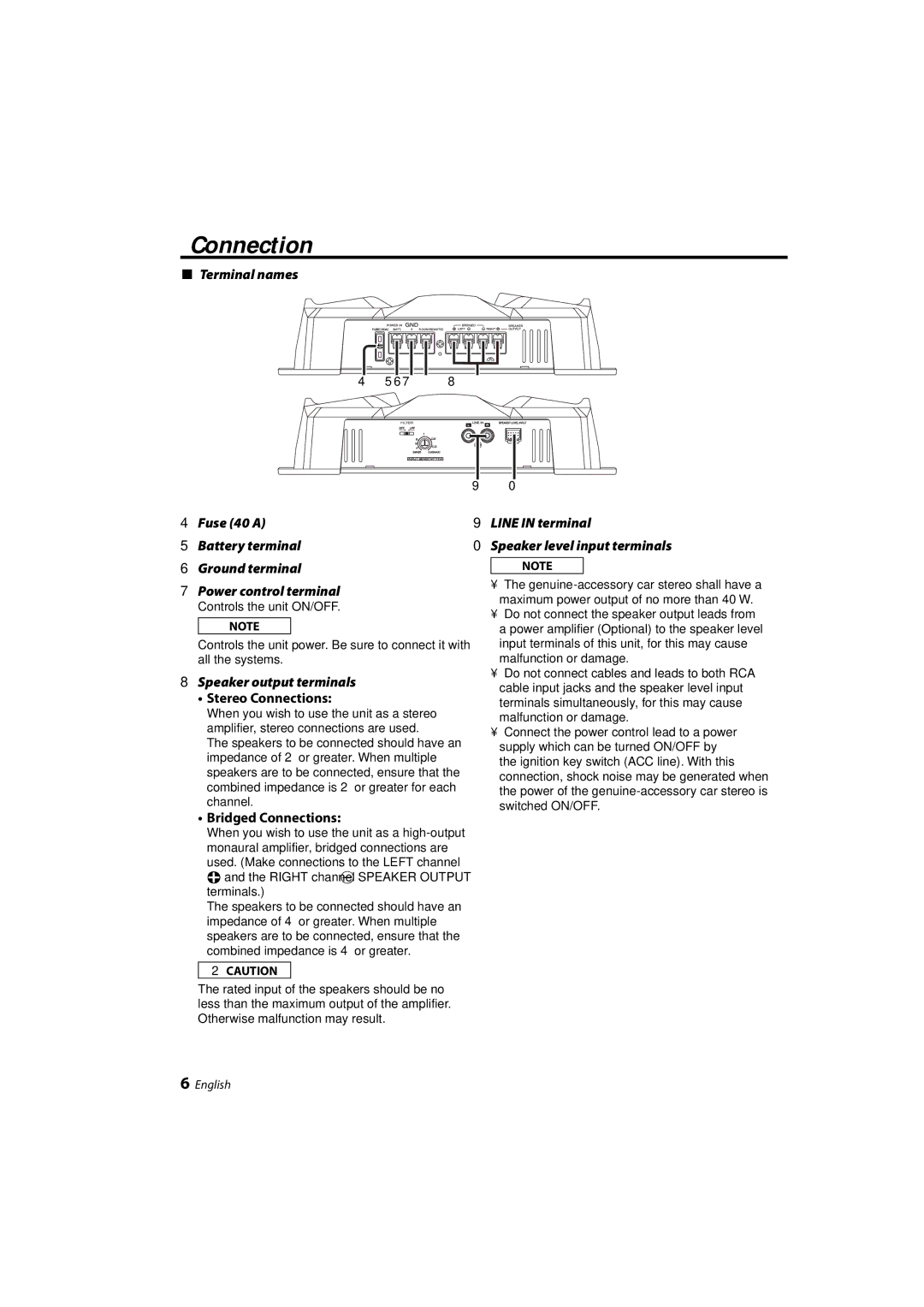 Kenwood KAC-6203 Connection, Terminal names, Speaker output terminals, Line in terminal Speaker level input terminals 