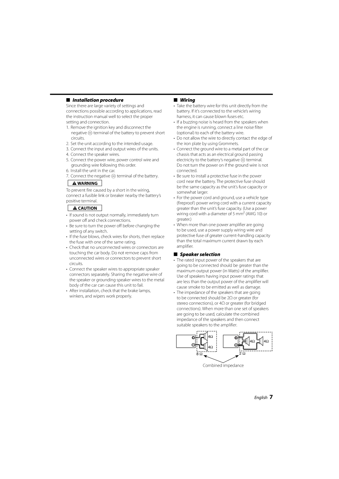 Kenwood KAC-6203 instruction manual Installation procedure, Wiring, Speaker selection, Combined impedance 