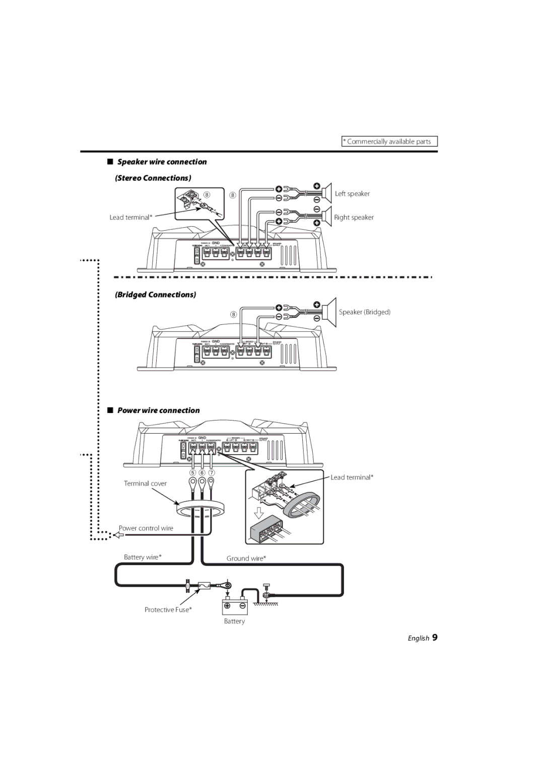 Kenwood KAC-6203 Bridged Connections, Power wire connection, Lead terminal, Terminal cover Power control wire Battery wire 