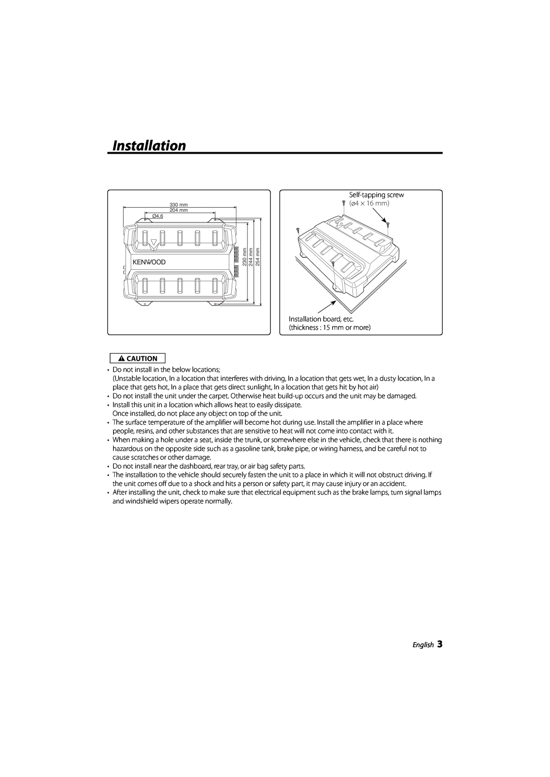 Kenwood KAC-6203 instruction manual Installation, English, 2CAUTION 