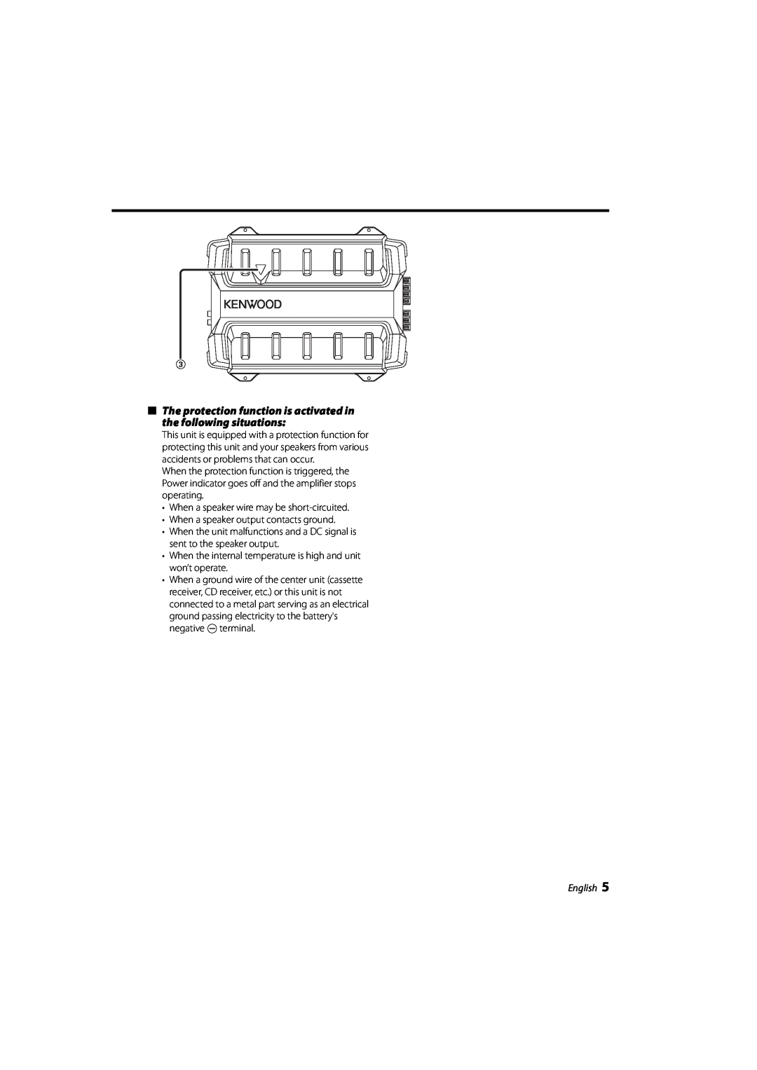 Kenwood KAC-6203 instruction manual When a speaker wire may be short-circuited, English 