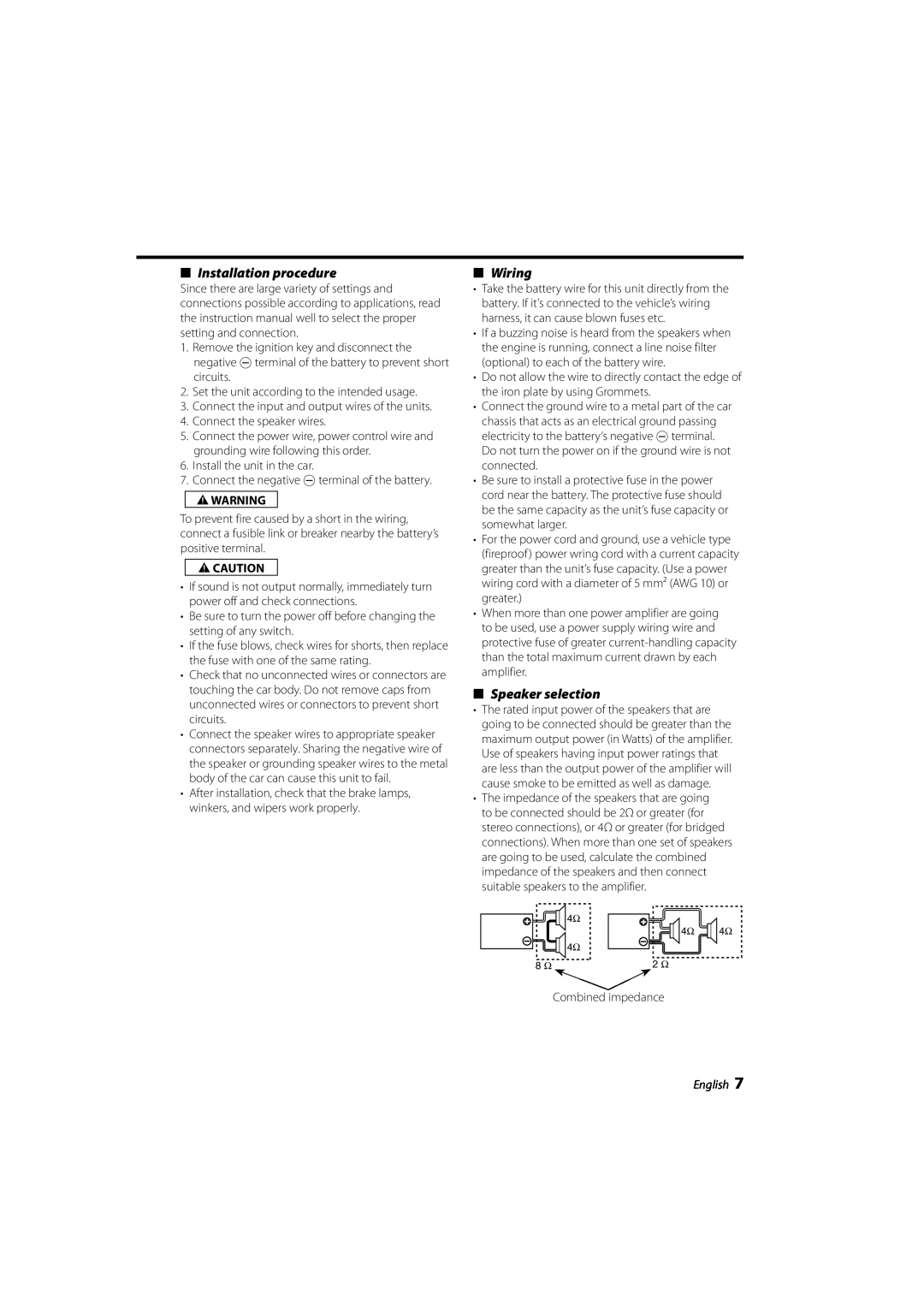 Kenwood KAC-6203 instruction manual Installation procedure, Wiring, Speaker selection, 2WARNING, 2CAUTION, English 