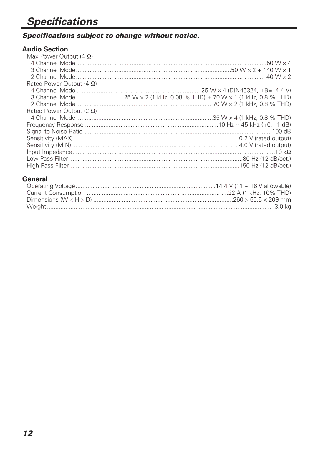 Kenwood KAC-648 instruction manual Specifications, General 