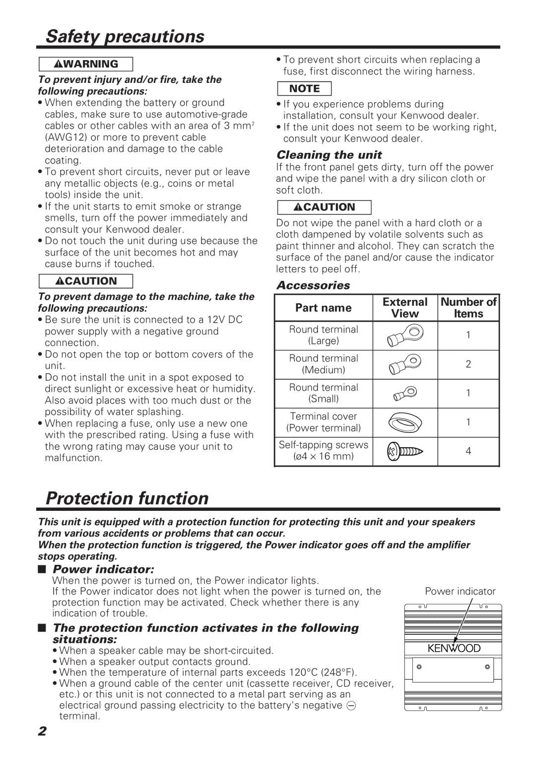 Kenwood KAC-648 instruction manual Safety precautions, Protection function 