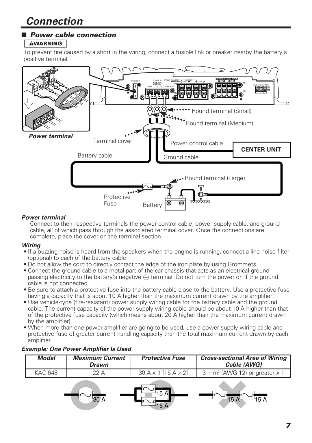 Kenwood KAC-648 instruction manual Connection, Power cable connection, Power terminal, Wiring 