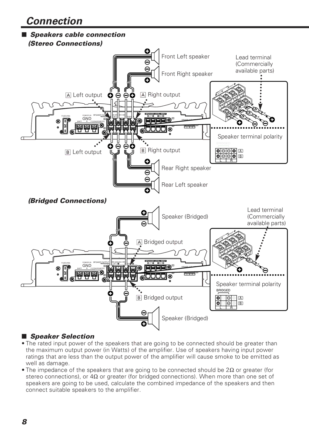 Kenwood KAC-648 instruction manual Speakers cable connection Stereo Connections, Speaker Selection 