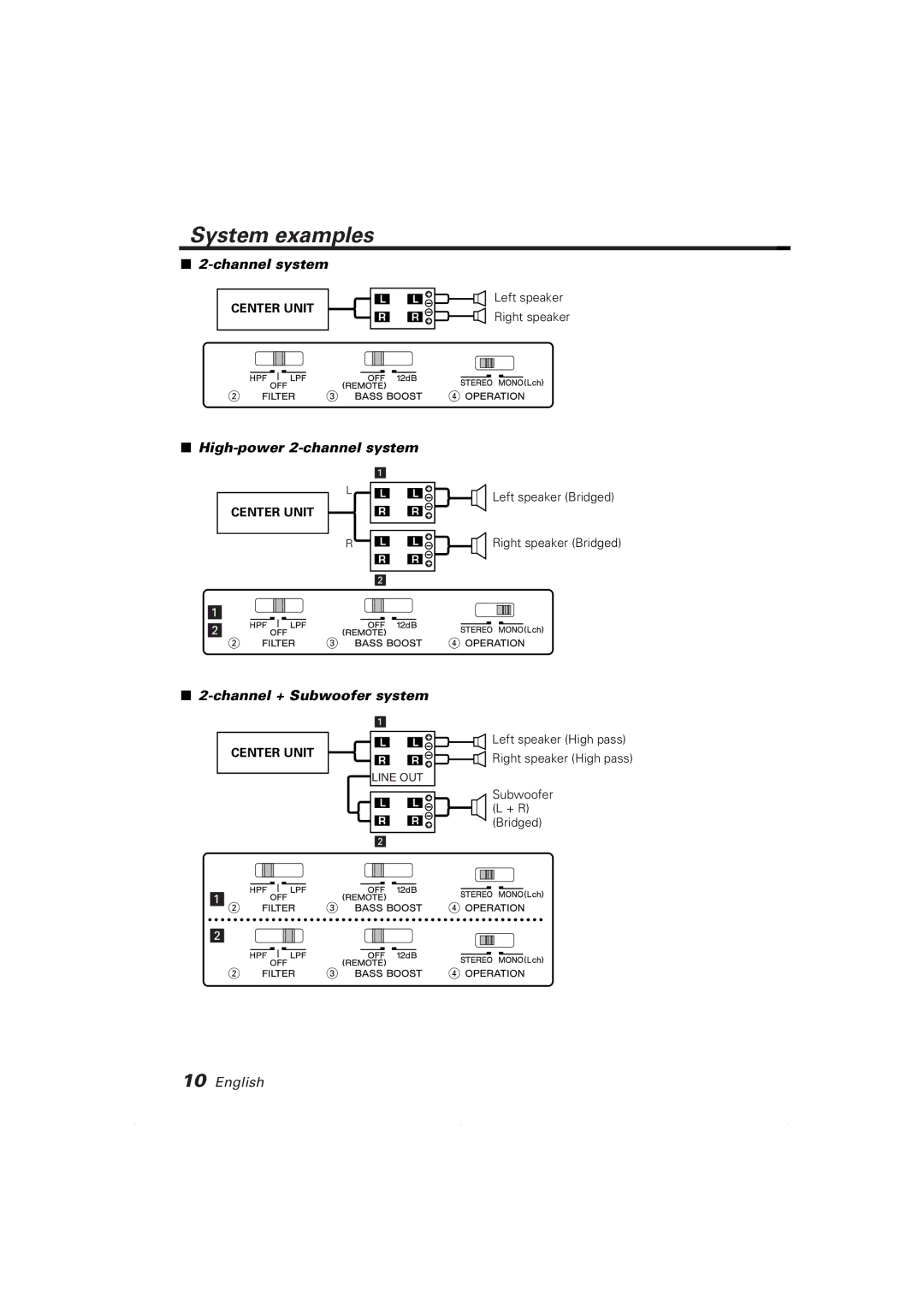 Kenwood KAC-7201, KAC-7251 System examples, Channel system, High-power 2-channel system, Channel + Subwoofer system 