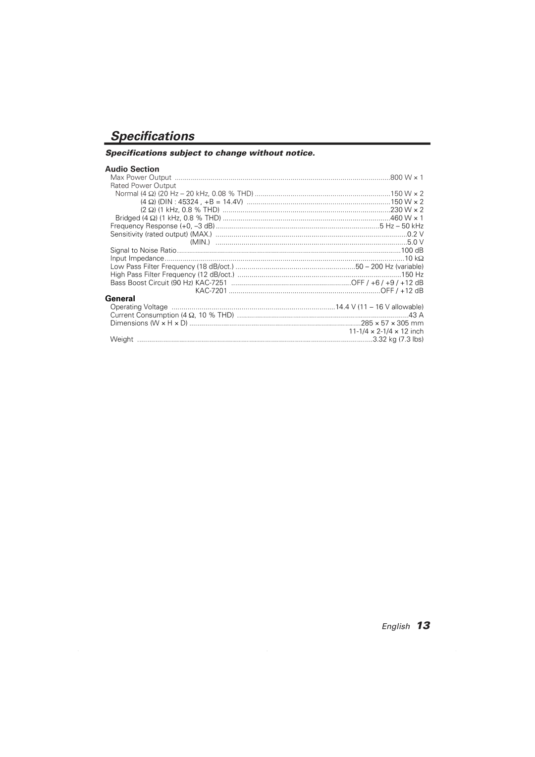 Kenwood KAC-7251, KAC-7201 instruction manual Specifications subject to change without notice, Audio Section, General 