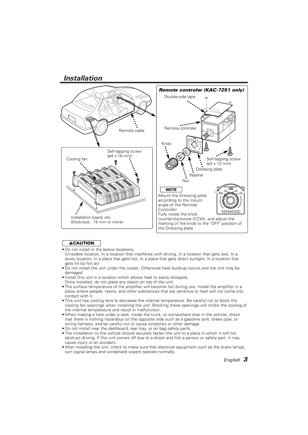 Kenwood KAC-7201 instruction manual Installation, Remote controler KAC-7251 only 