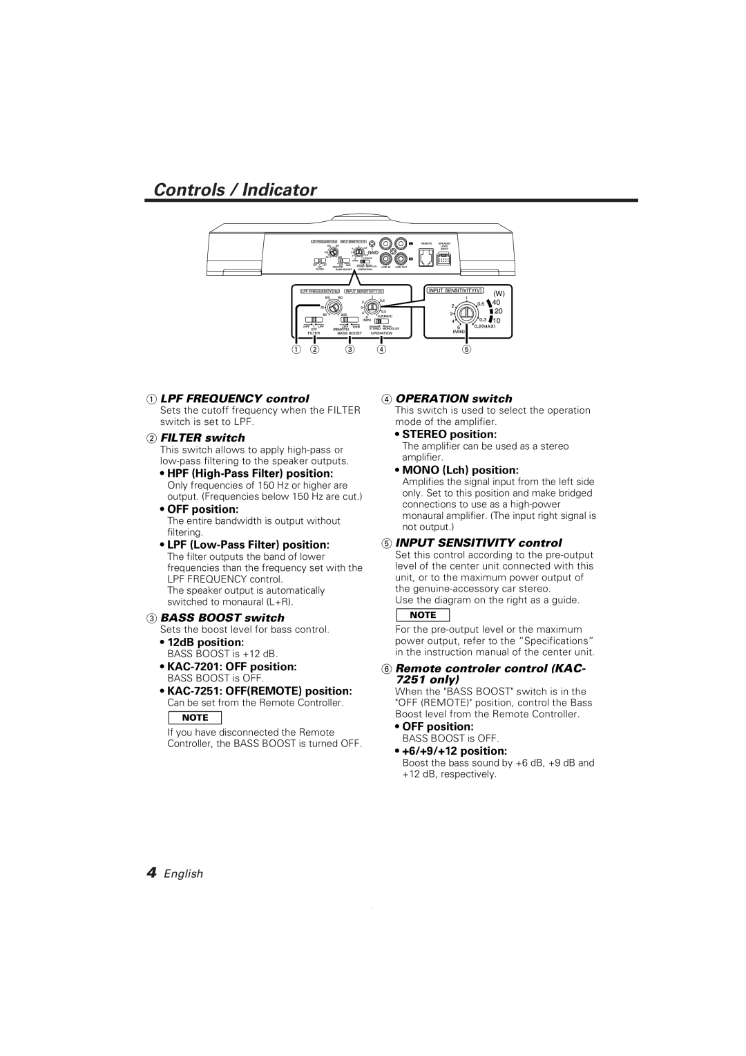 Kenwood KAC-7201, KAC-7251 instruction manual Controls / Indicator 