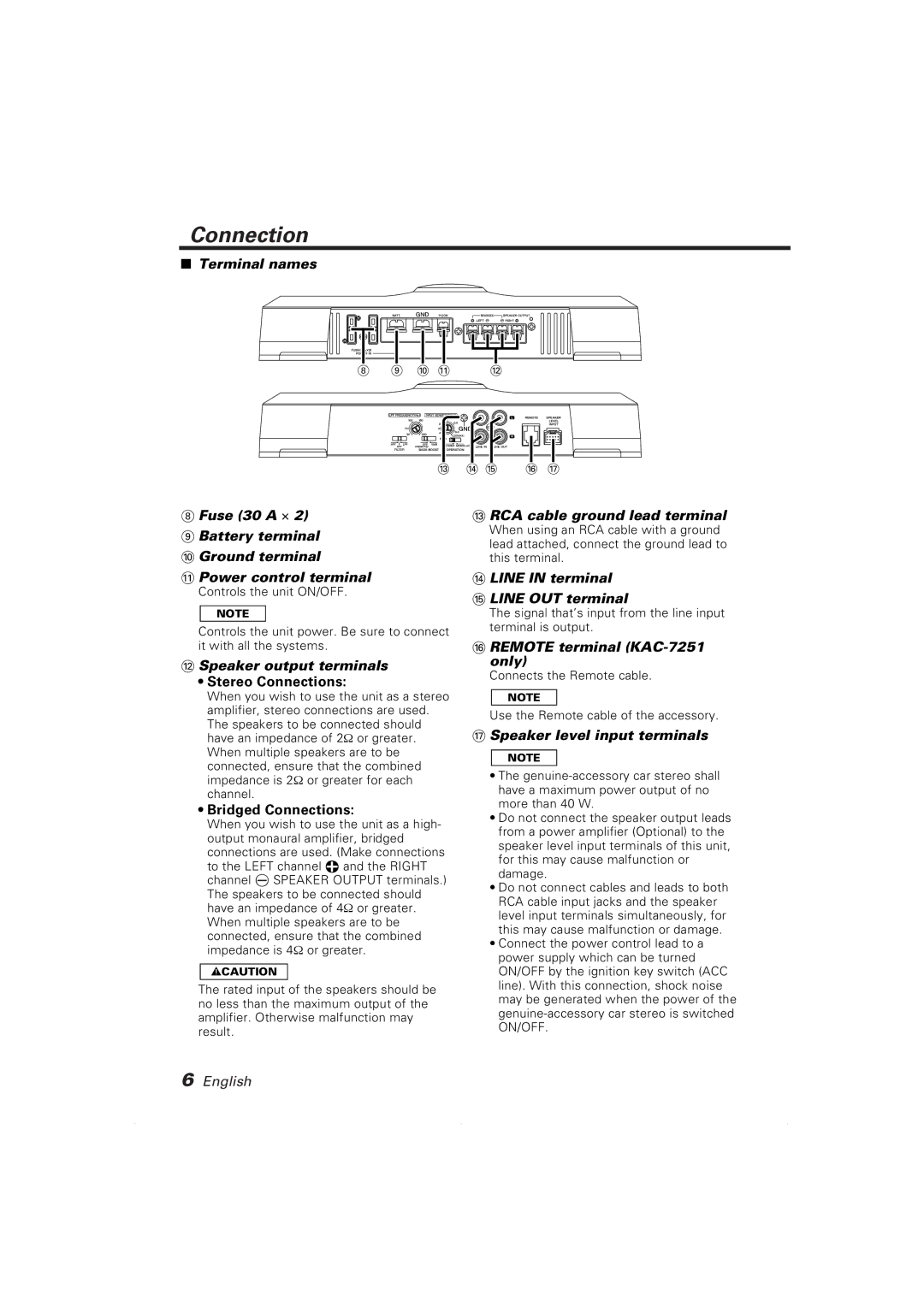 Kenwood KAC-7201, KAC-7251 instruction manual Connection 