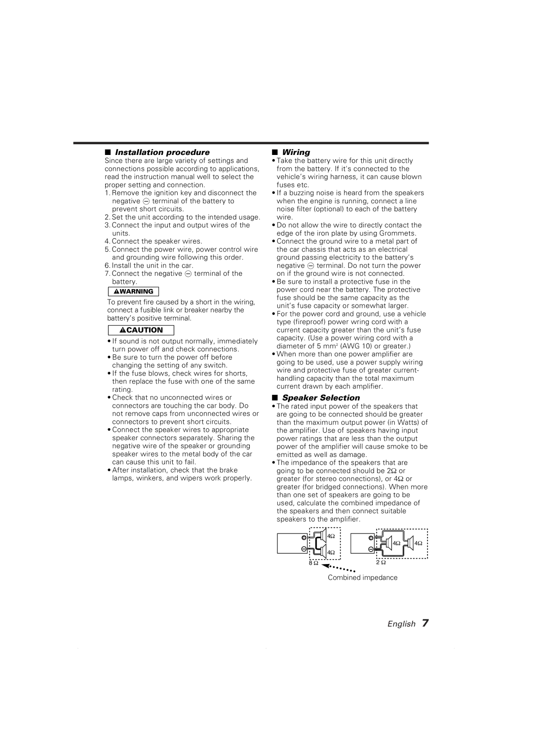 Kenwood KAC-7251, KAC-7201 instruction manual Installation procedure, Wiring, Speaker Selection 