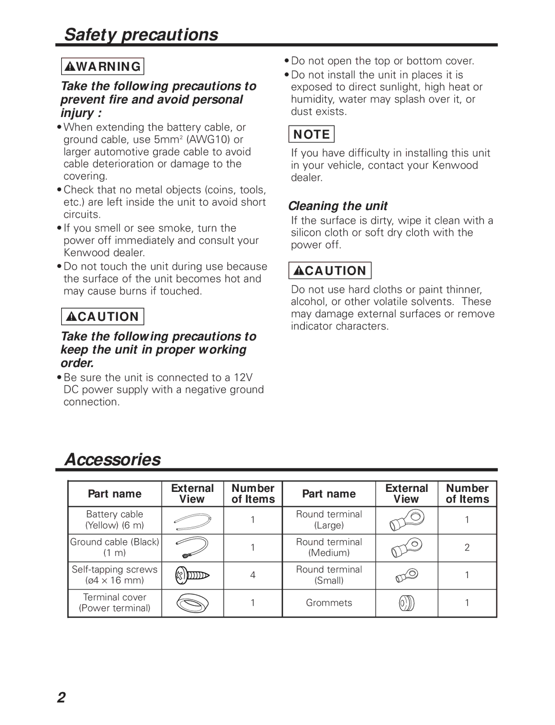 Kenwood KAC-726, 526 instruction manual Safety precautions, Accessories, Part name External Number View Items 