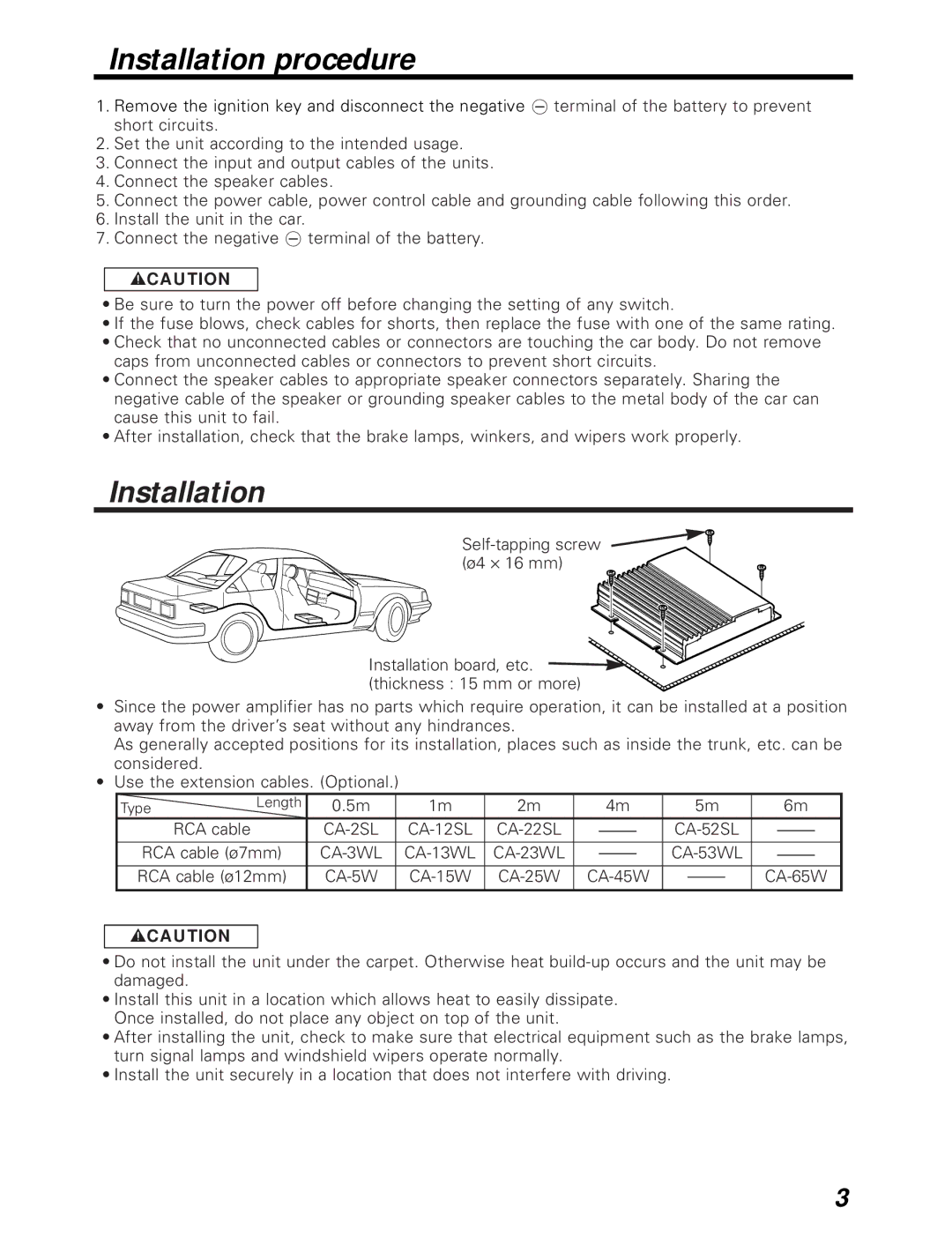 Kenwood 526, KAC-726 instruction manual Installation procedure, 2CAUTION 