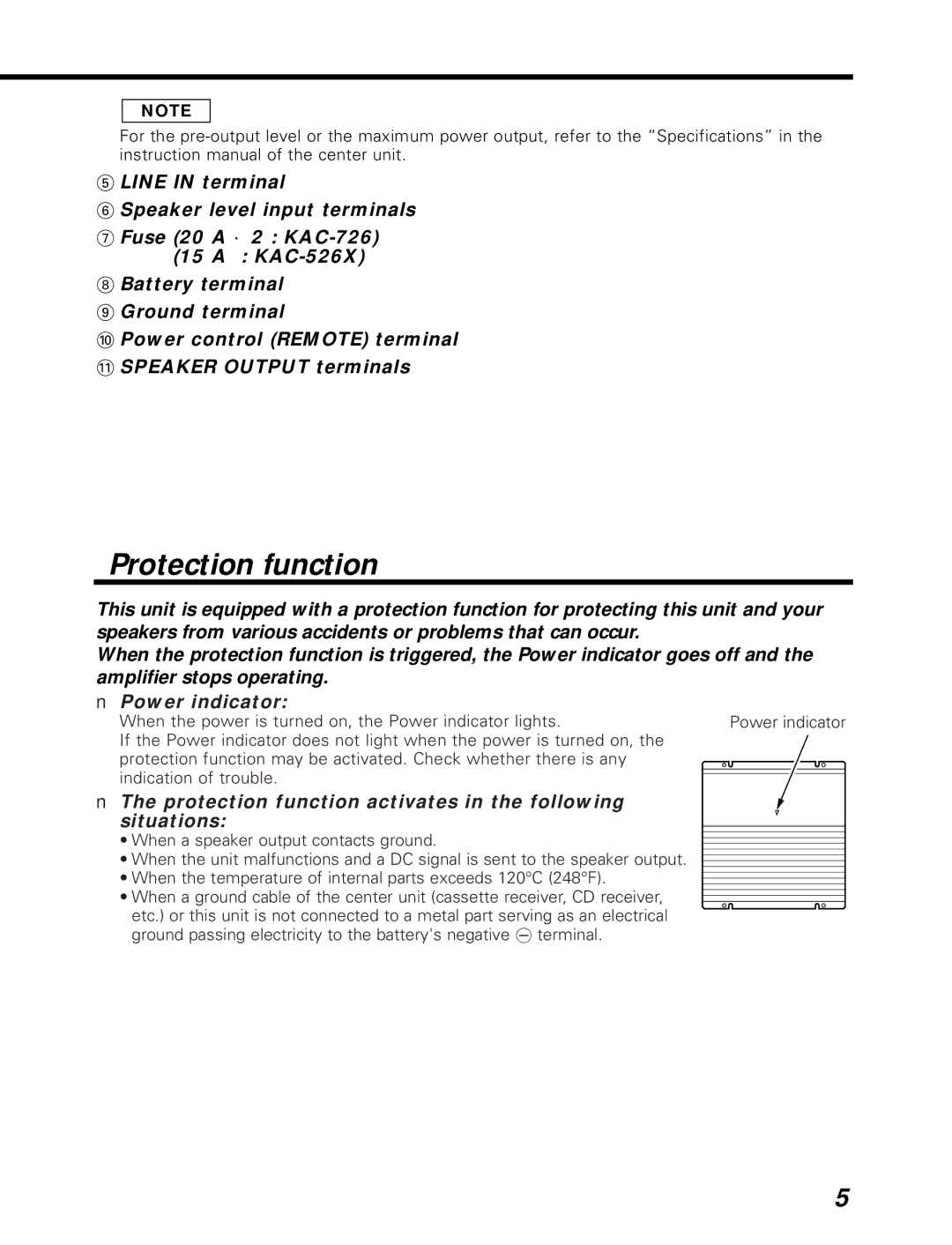 Kenwood 526, KAC-726 instruction manual Protection function activates in the following situations 