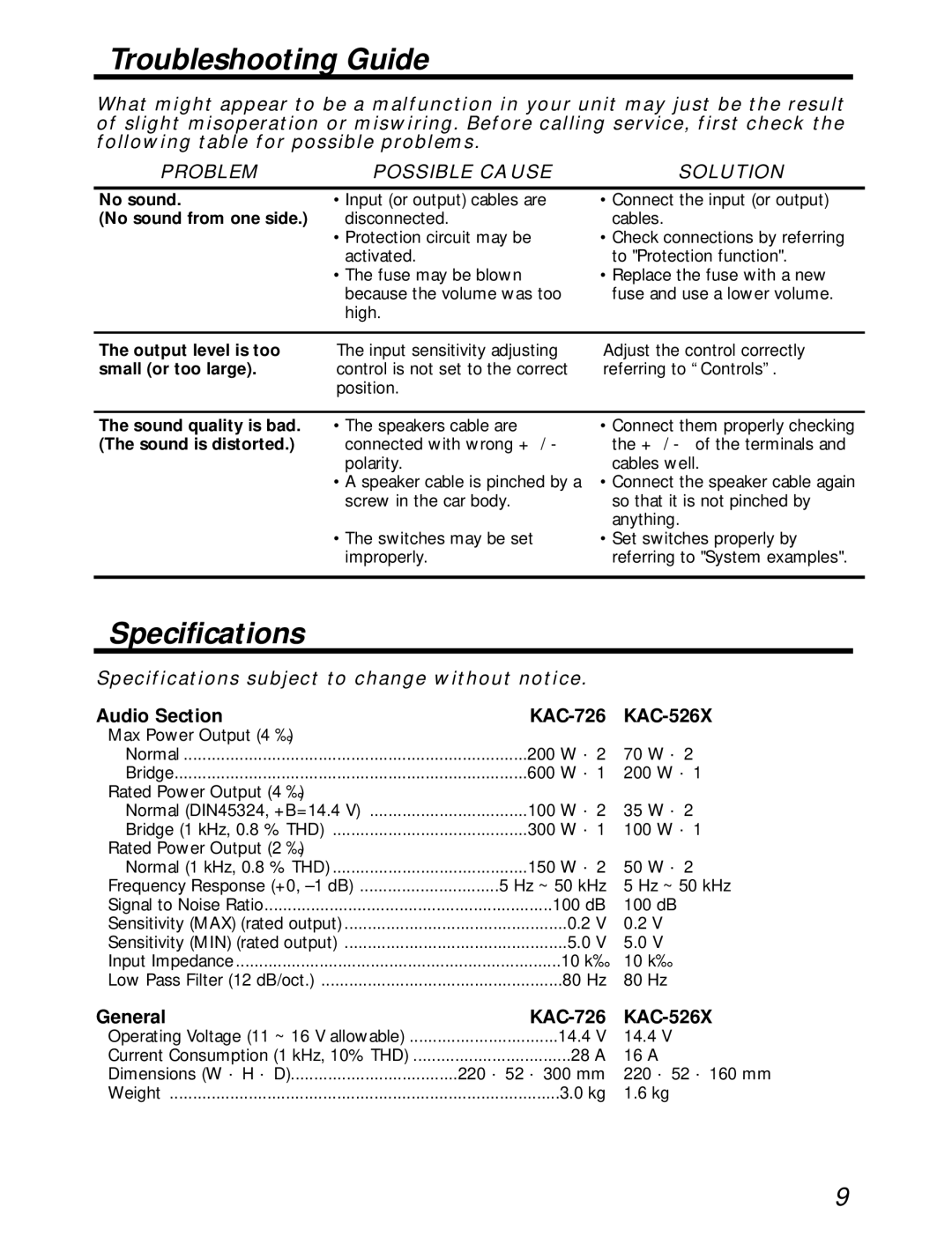 Kenwood Troubleshooting Guide, Specifications subject to change without notice, Audio Section KAC-726 KAC-526X 