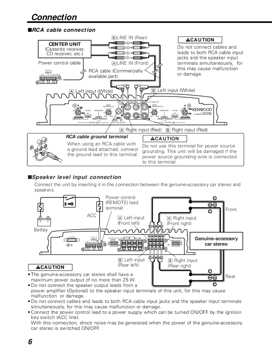 Kenwood KAC-746 Connection, RCA cable connection, Speaker level input connection, Center Unit, RCA cable ground terminal 