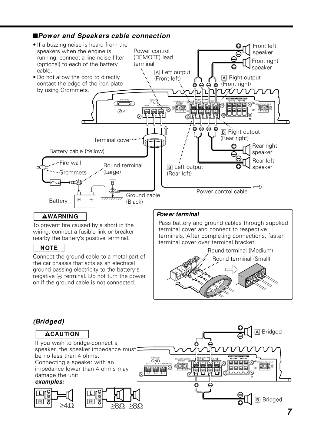 Kenwood KAC-746 instruction manual Power and Speakers cable connection, Bridged, 2WARNING, Power terminal, Examples 