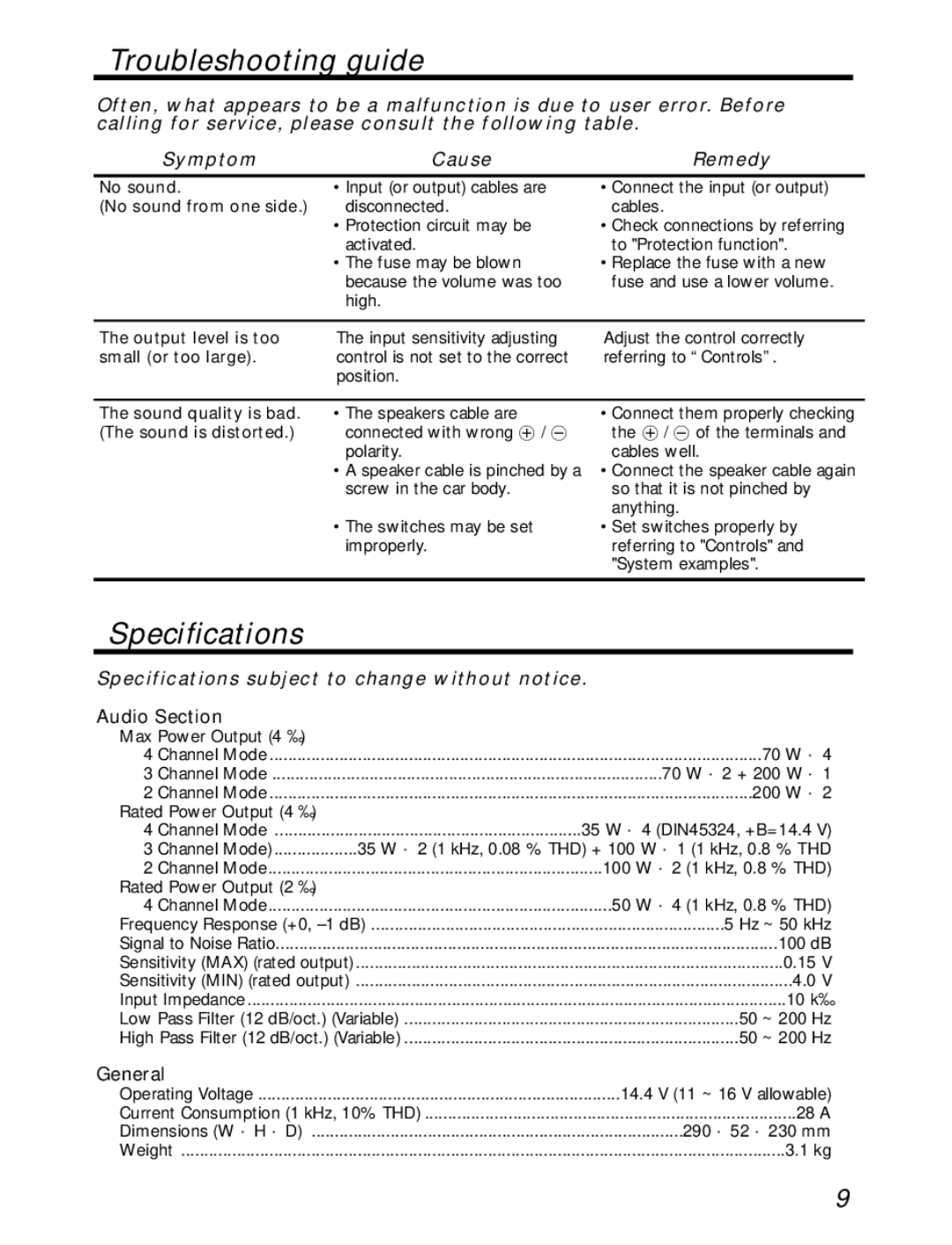 Kenwood KAC-746 Troubleshooting guide, Specifications subject to change without notice, Audio Section, General 