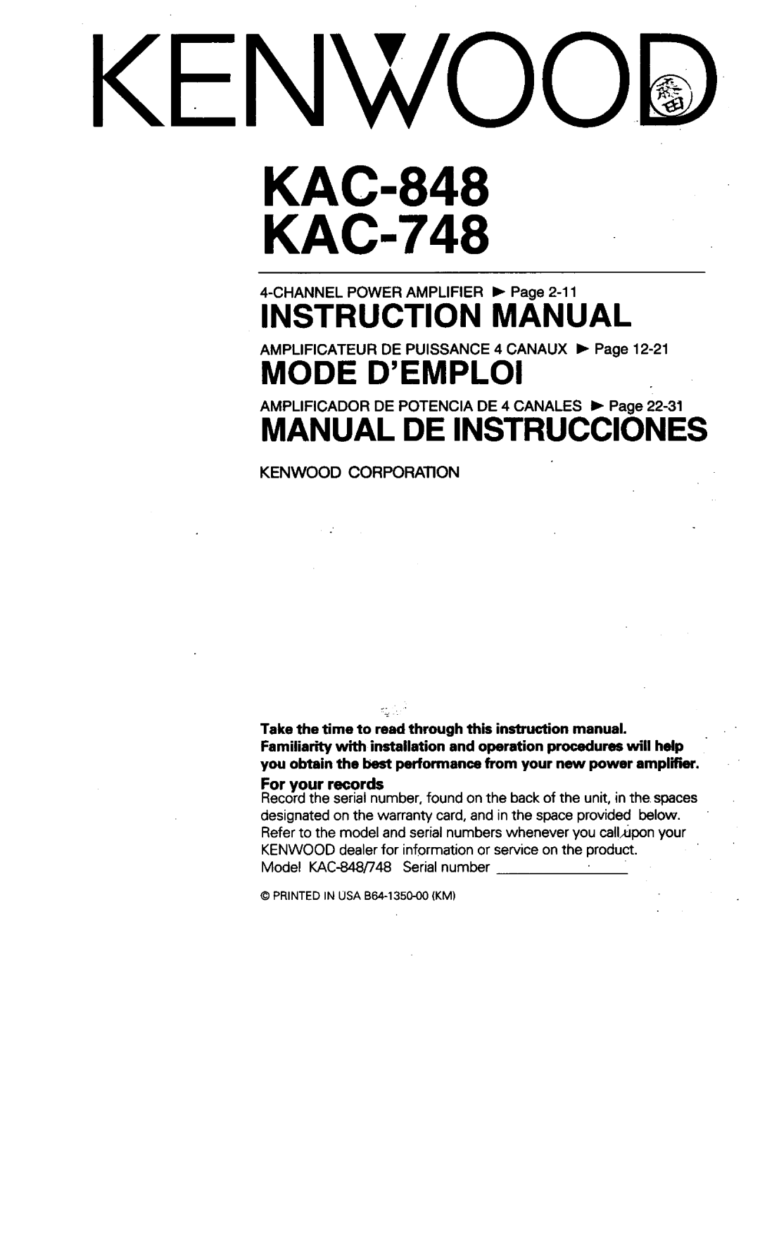 Kenwood KAC-748 manual 
