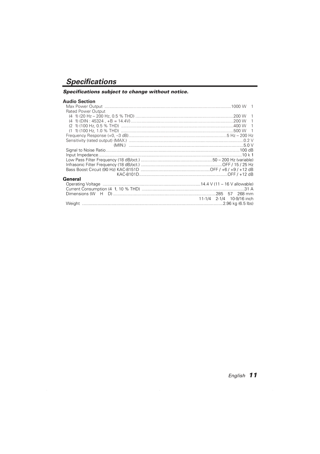 Kenwood KAC-8101D, KAC-8151D instruction manual Specifications subject to change without notice 