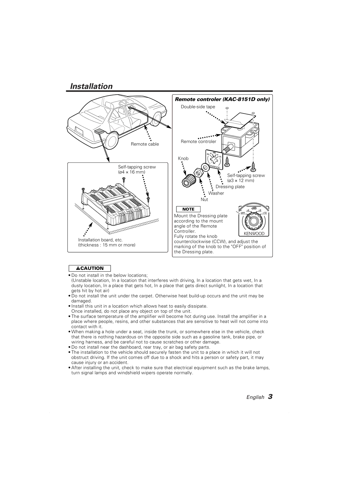 Kenwood KAC-8101D instruction manual Installation, Remote controler KAC-8151D only 