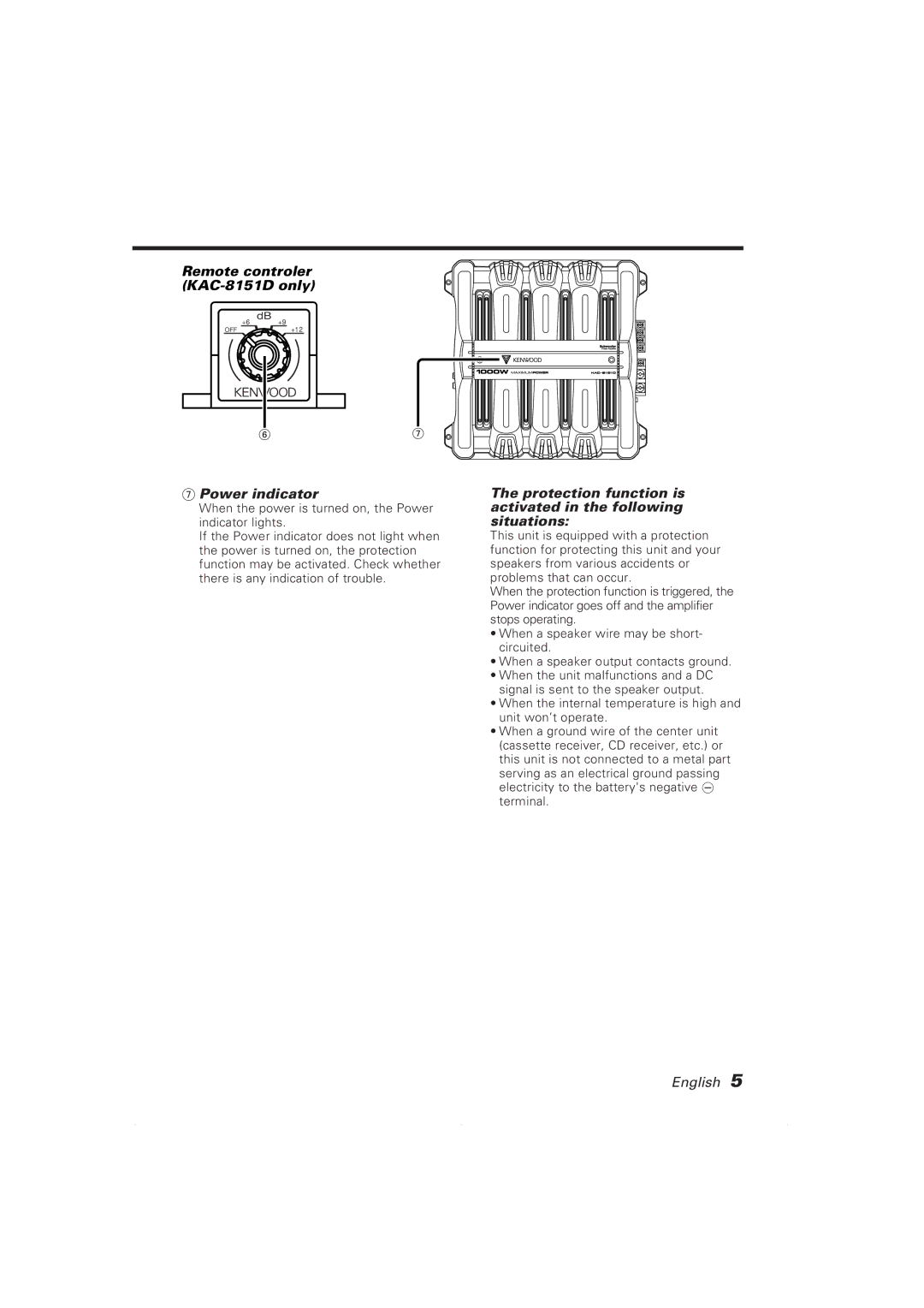 Kenwood KAC-8101D, KAC-8151D Power indicator, Protection function is activated in the following situations 