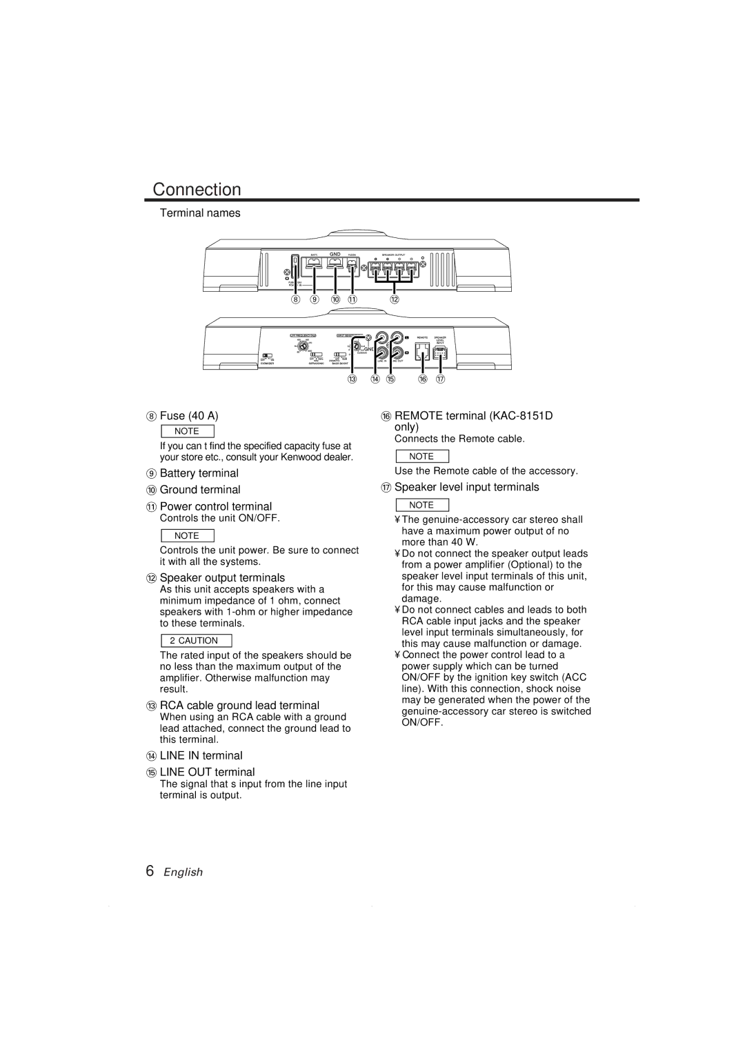 Kenwood KAC-8151D, KAC-8101D instruction manual Connection 