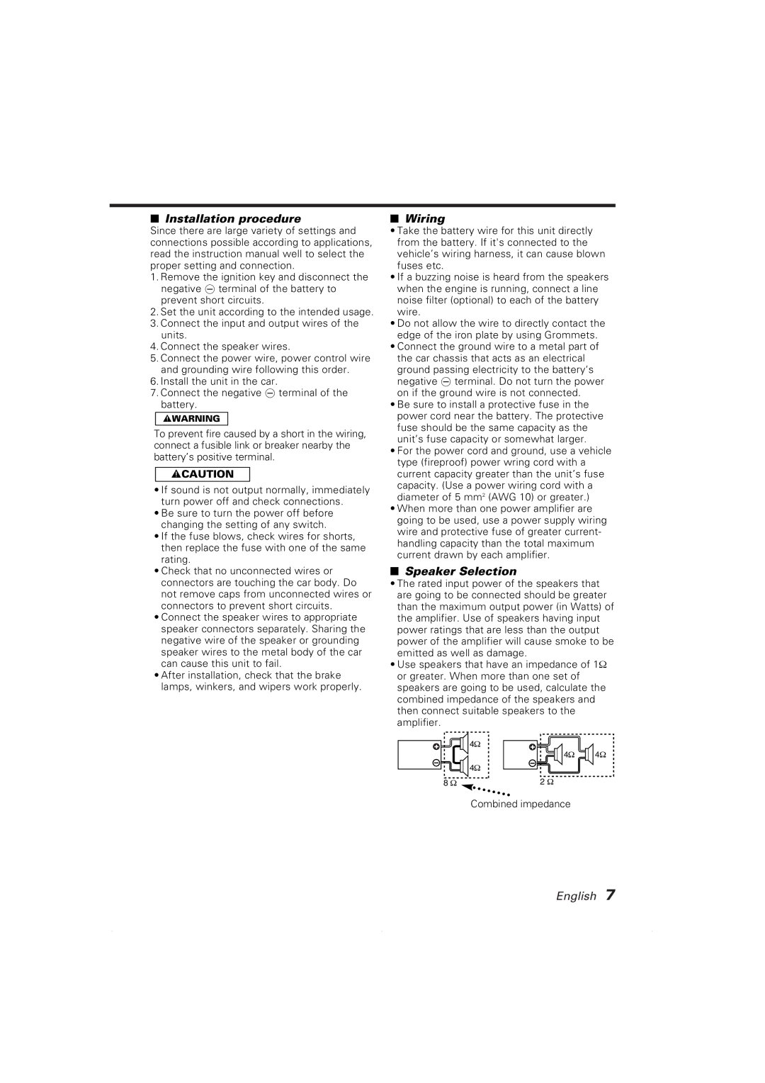 Kenwood KAC-8101D, KAC-8151D instruction manual Installation procedure, Wiring, Speaker Selection 