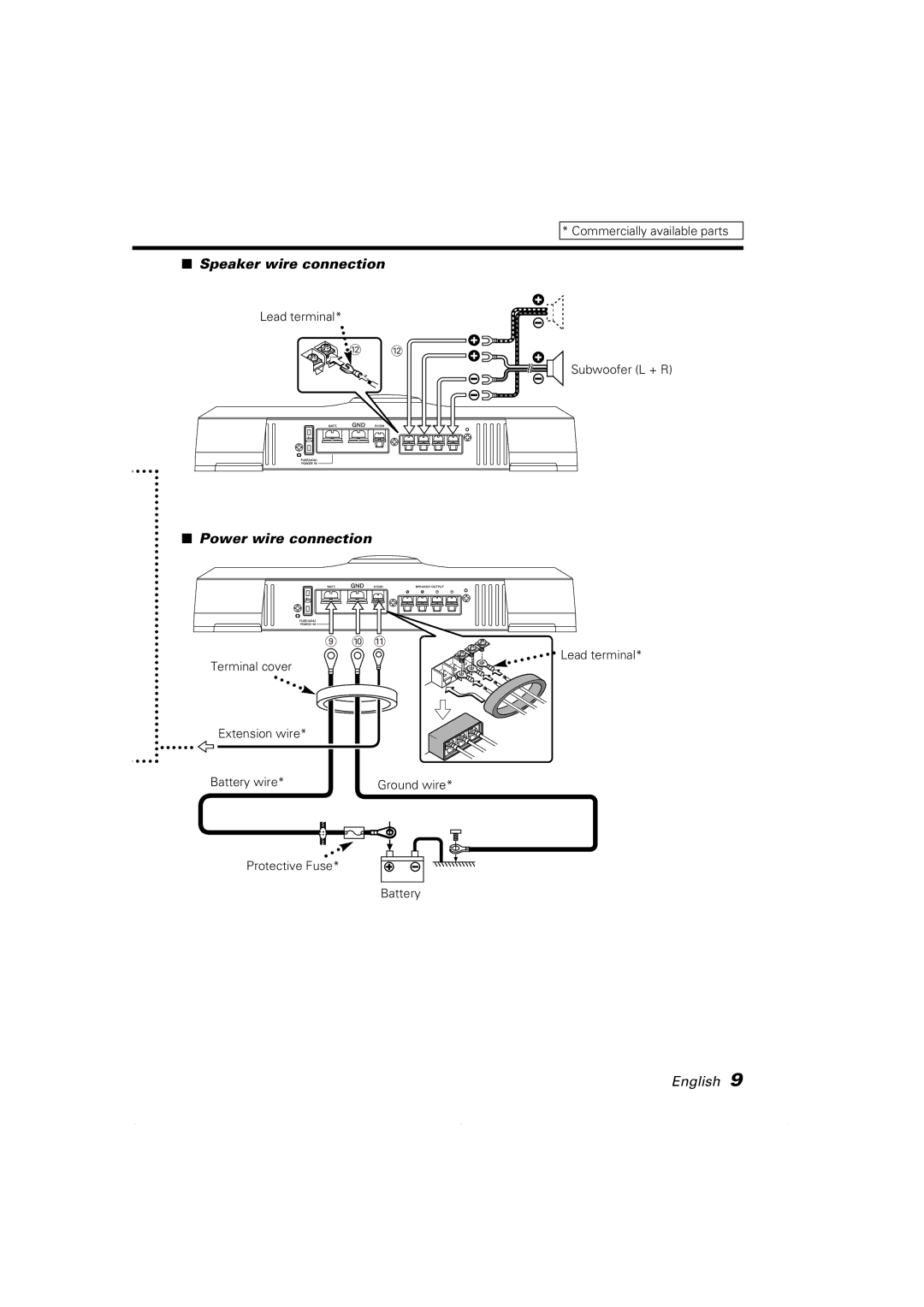 Kenwood KAC-8101D, KAC-8151D instruction manual Speaker wire connection, Power wire connection 