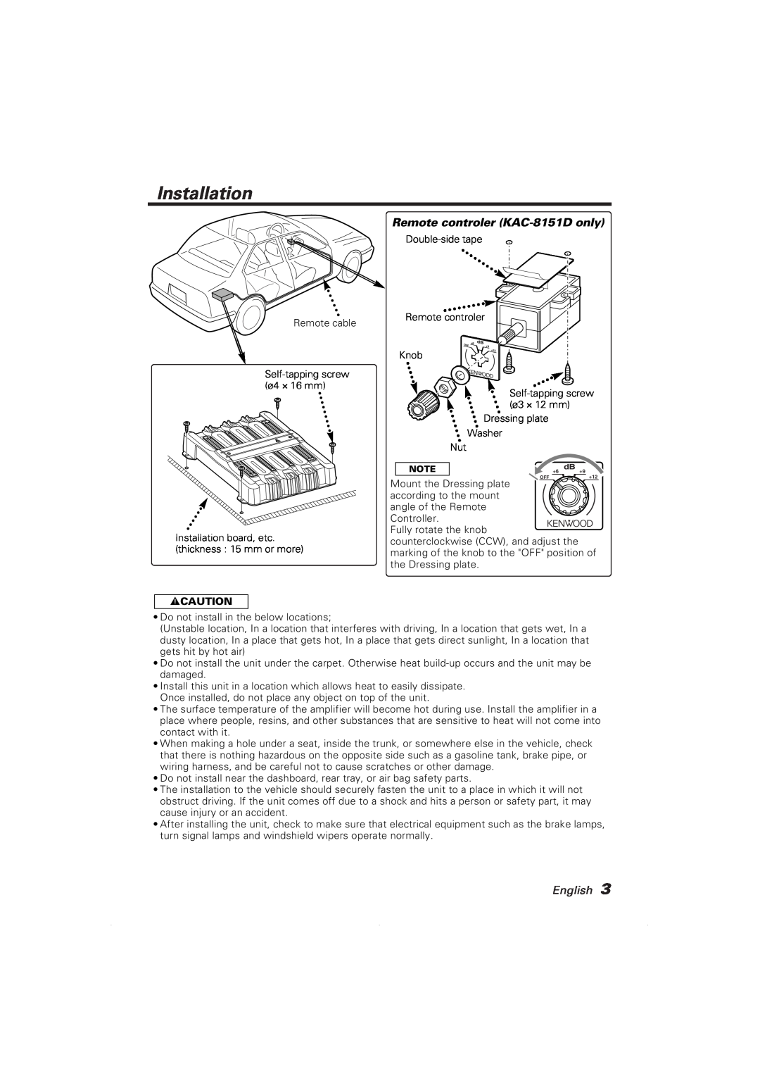 Kenwood KAC-8101D instruction manual Installation, Remote controler KAC-8151Donly, English, 2CAUTION 