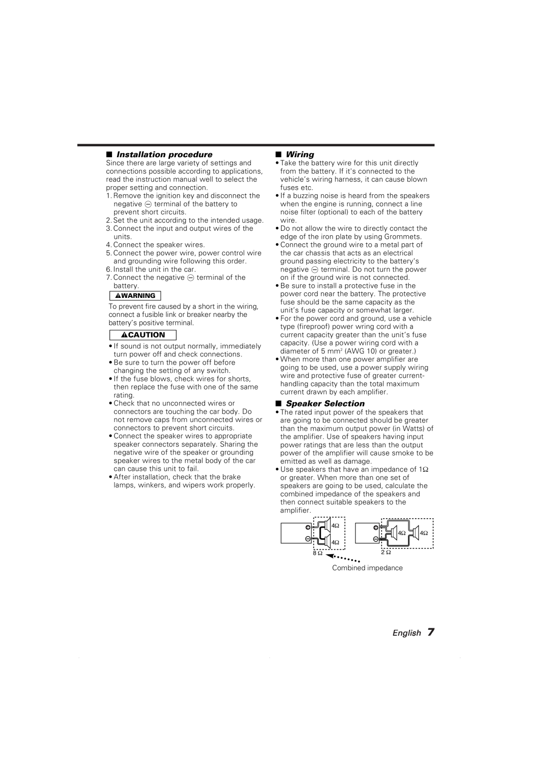 Kenwood KAC-8101D, KAC-8151D instruction manual Installation procedure, Wiring, Speaker Selection, English, 2CAUTION 