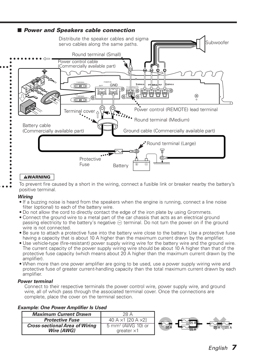 Kenwood KAC-818 instruction manual Power and Speakers cable connection, Wiring, Power terminal 