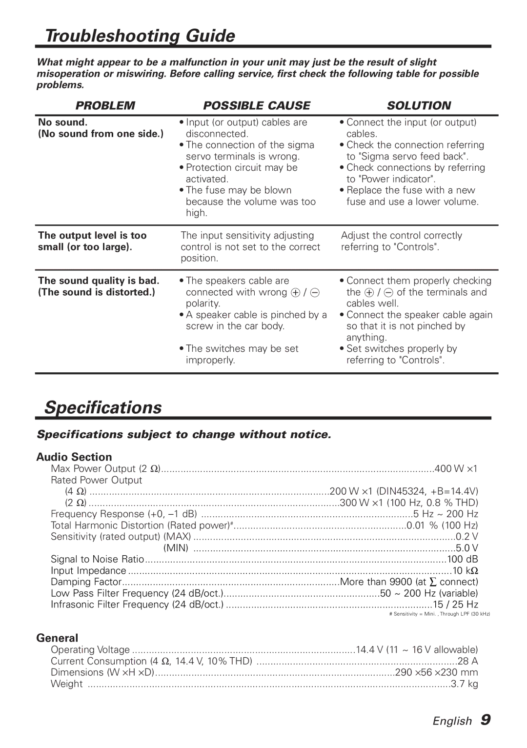 Kenwood KAC-818 instruction manual Troubleshooting Guide, Specifications, General, No sound from one side 