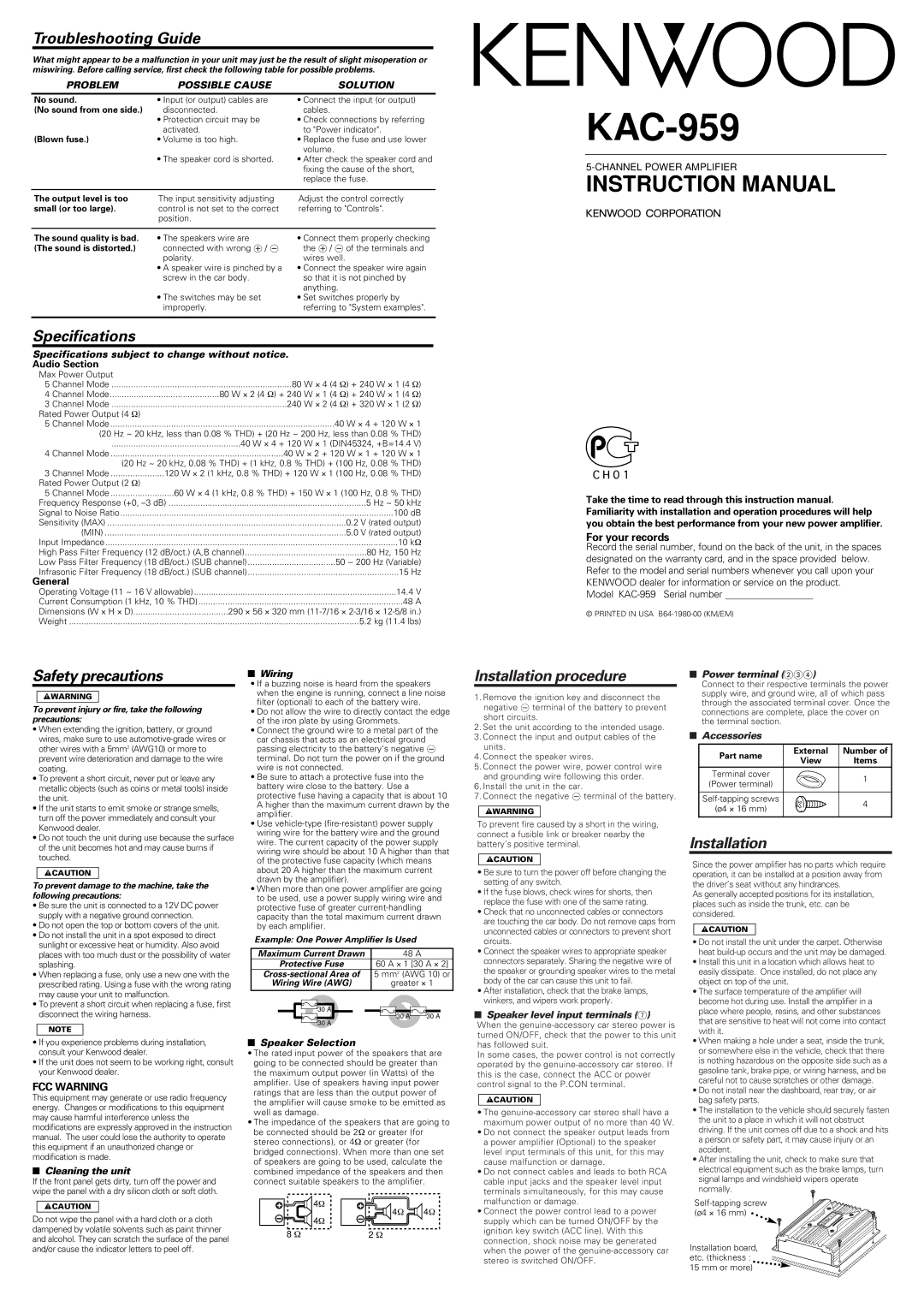 Kenwood KAC-959 instruction manual Troubleshooting Guide, Specifications, Safety precautions, Installation procedure 