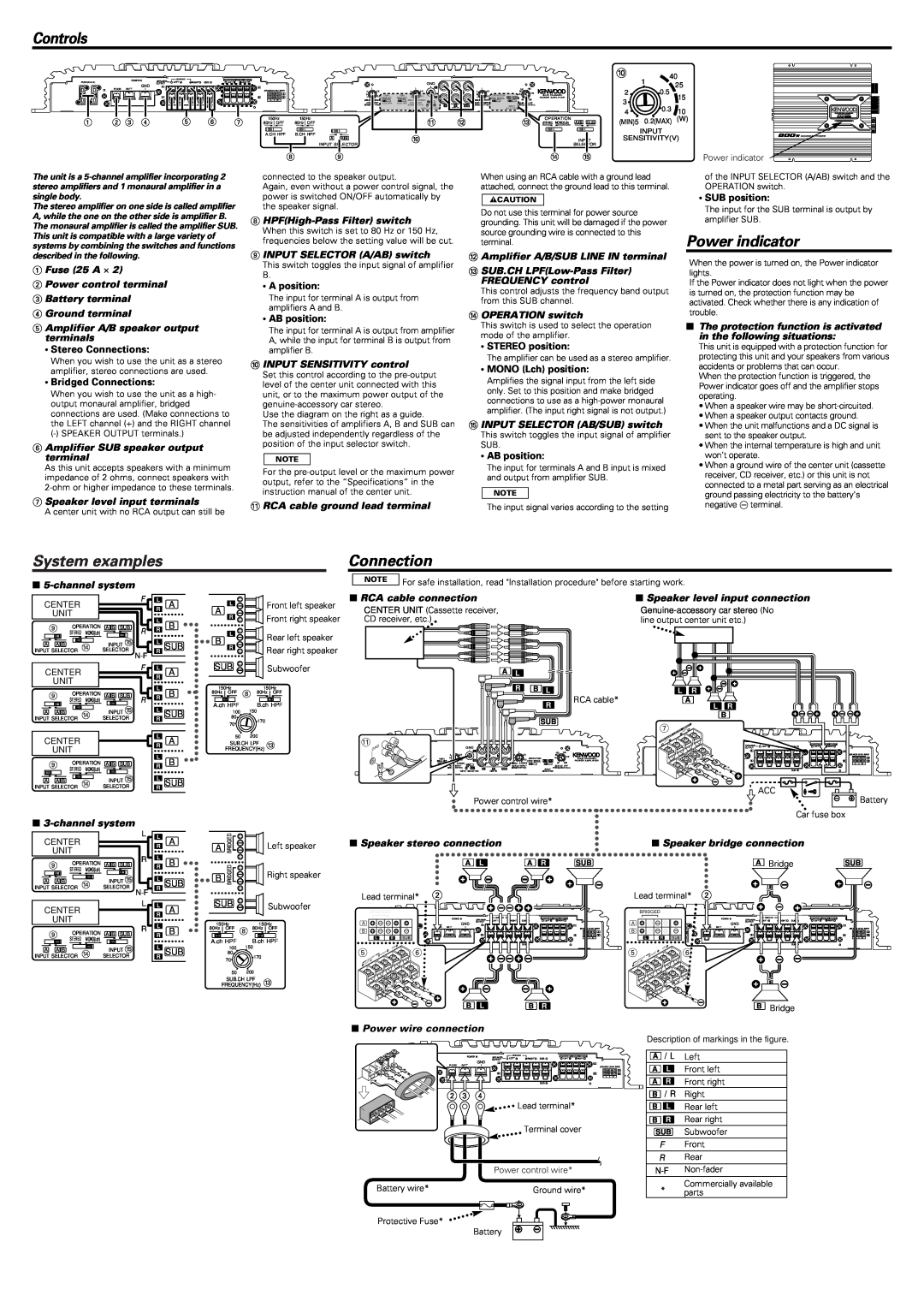 Kenwood KAC-959 Controls, Power indicator, System examples, Stereo Connections, Bridged Connections, A position 