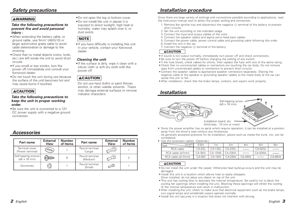 Kenwood KAC-PS500F Safety precautions Installation procedure, Accessories, Part name External Number View Items, 2CAUTION 