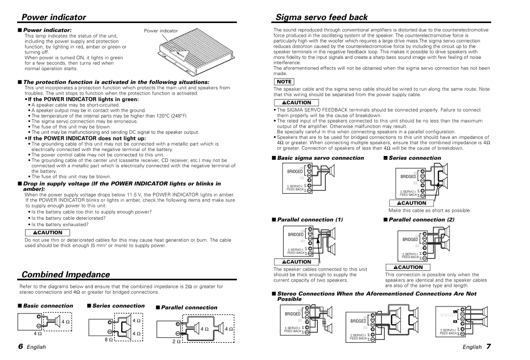 Kenwood KAC-PS500F instruction manual Power indicator, Sigma servo feed back, Combined Impedance 