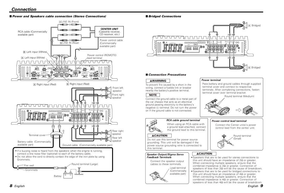 Kenwood KAC-PS500F Power and Speakers cable connection Stereo Connections, Connection Precautions, Center Unit 